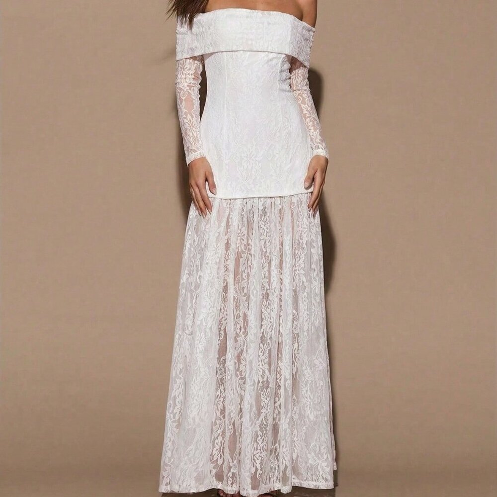 White Elegant Women's Lace Off-Shoulder Long Sleeve Formal Dress
